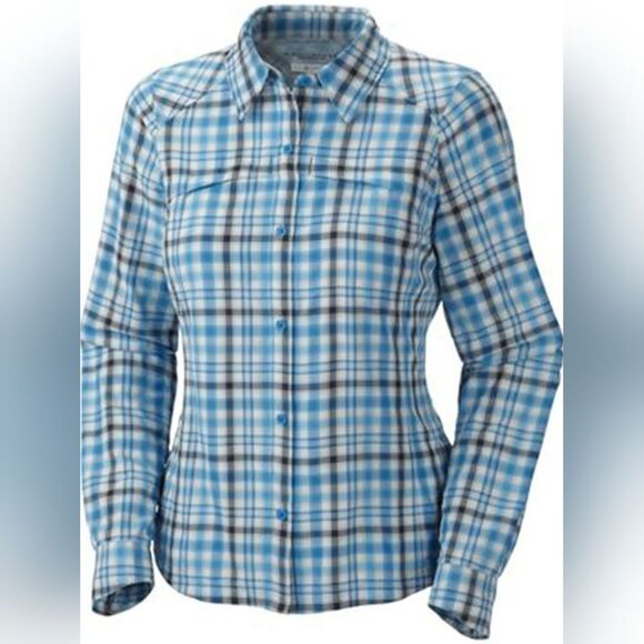 🔺️Columbia Blue Omni-Shield Sun Protection Button Long Sleeve Top Small - Picture 1 of 16